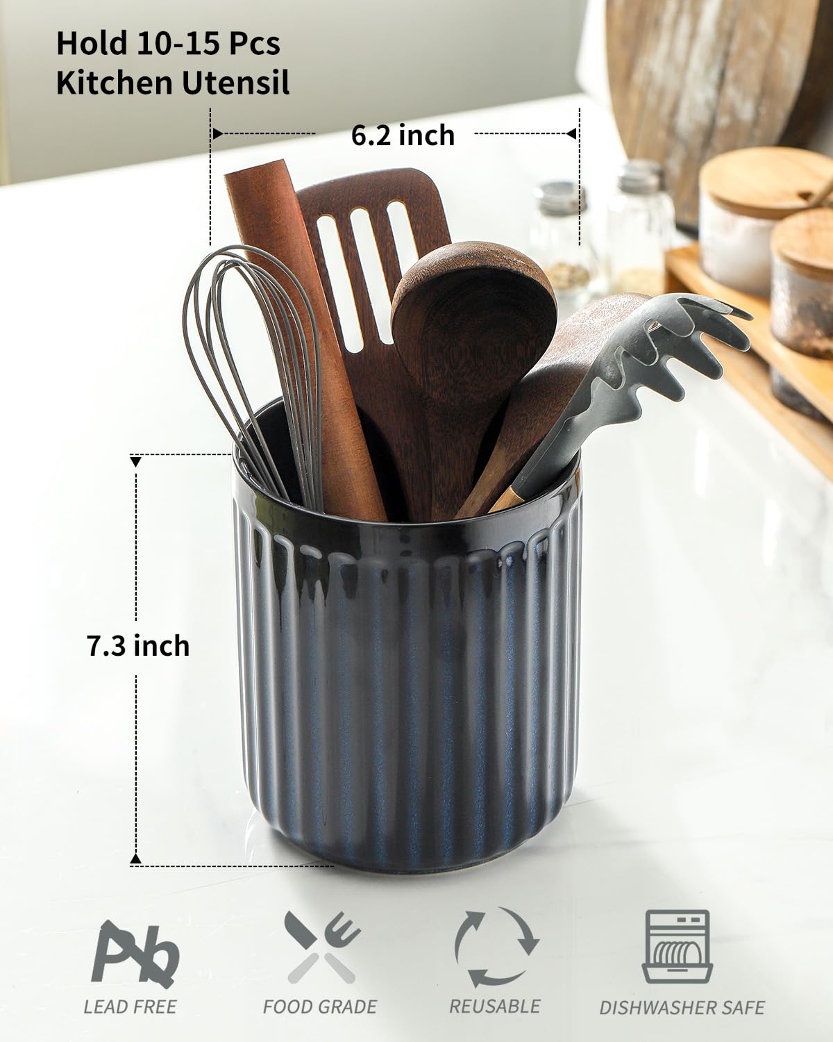 HASENSE Keramik-Utensilienhalter, 18,5 x 15,7 cm, gerippter Utensilientopf für Bauernhaus-Dekoration, Porzellan-Kochutensilienhalter für Küchenarbeitsplatte, Utensilien-Organizer für