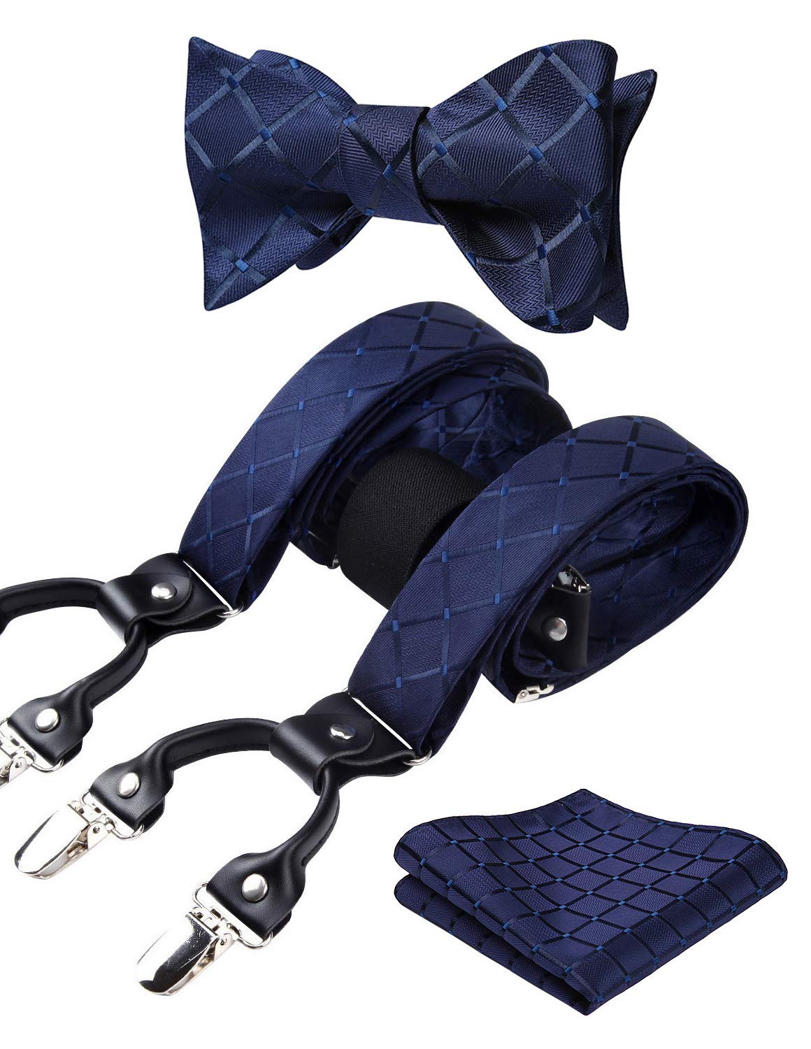 Bow tie and Suspenders for Men Plaid Suspender Self Bowtie Pocket Square Adjustable Y Shape Mens Trouser Braces