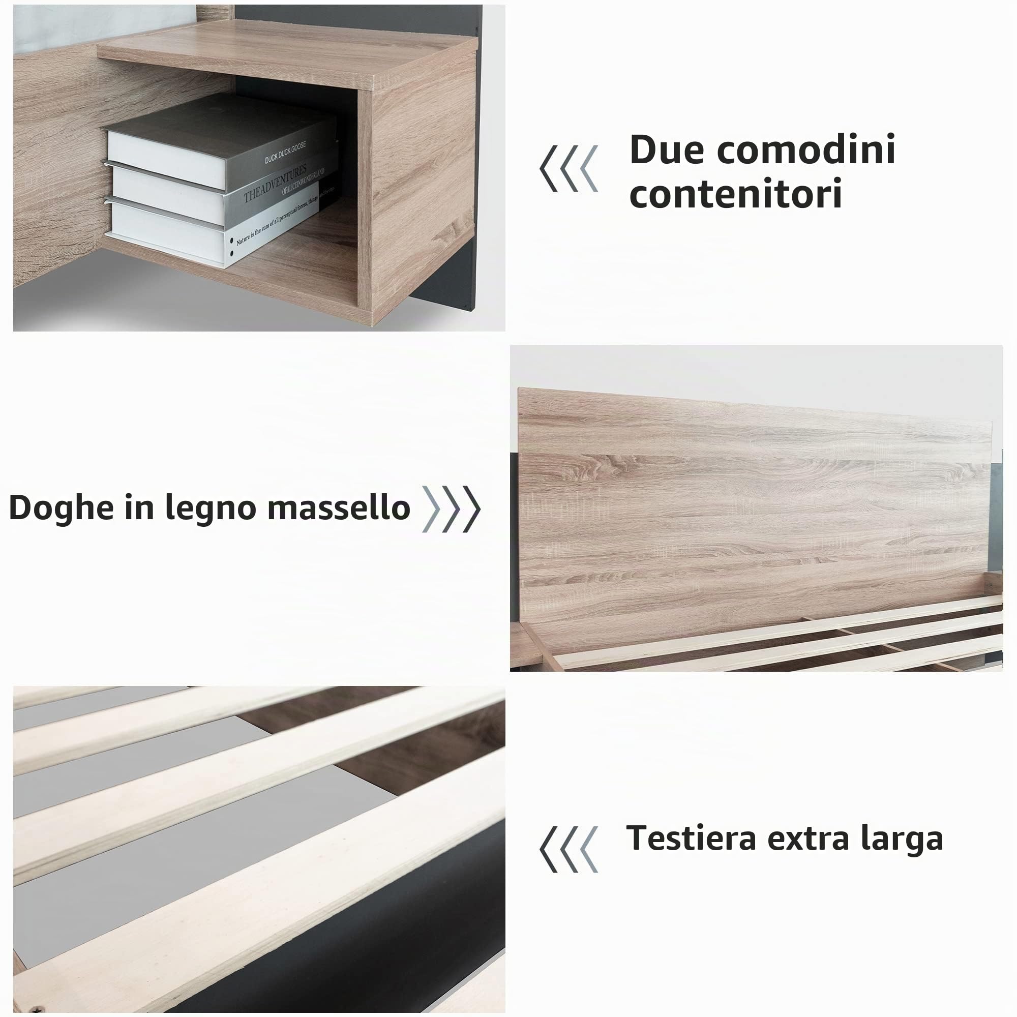 Letto matrimoniale in legno, 160 x 200 cm, con 2 comodini, letto moderno, con 2 comodini, camera da letto, completo, 205,5 x 235 x 76,5 cm (larghezza x profondità x altezza), set in rovere