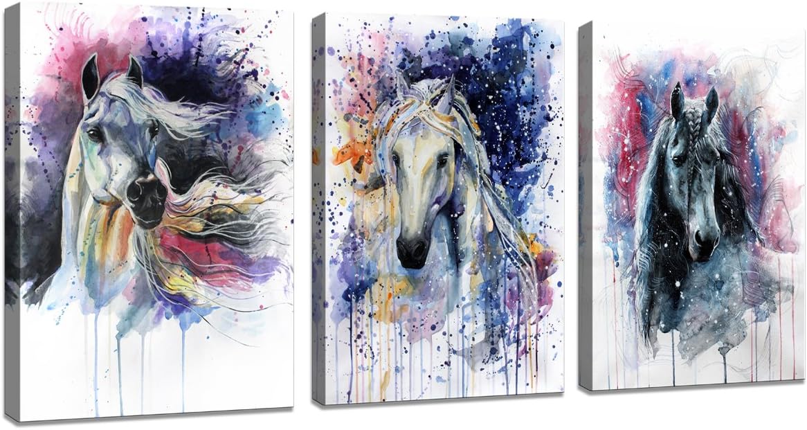 (3 Panels Horse) - D70234 Canvas Wall Art Horse Painting Prints on Canvas Framed Ready to Hang-3 Panels Watercolour Horses Prints Fine Art for Home Decor