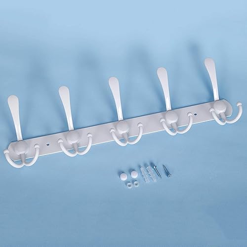 Miniatura 8 de Perchero montado en la pared, 5 ganchos de acero inoxidable para abrigos, sombreros, batas, toallas en el vestíbulo y entrada (blanco, paquete de 2,