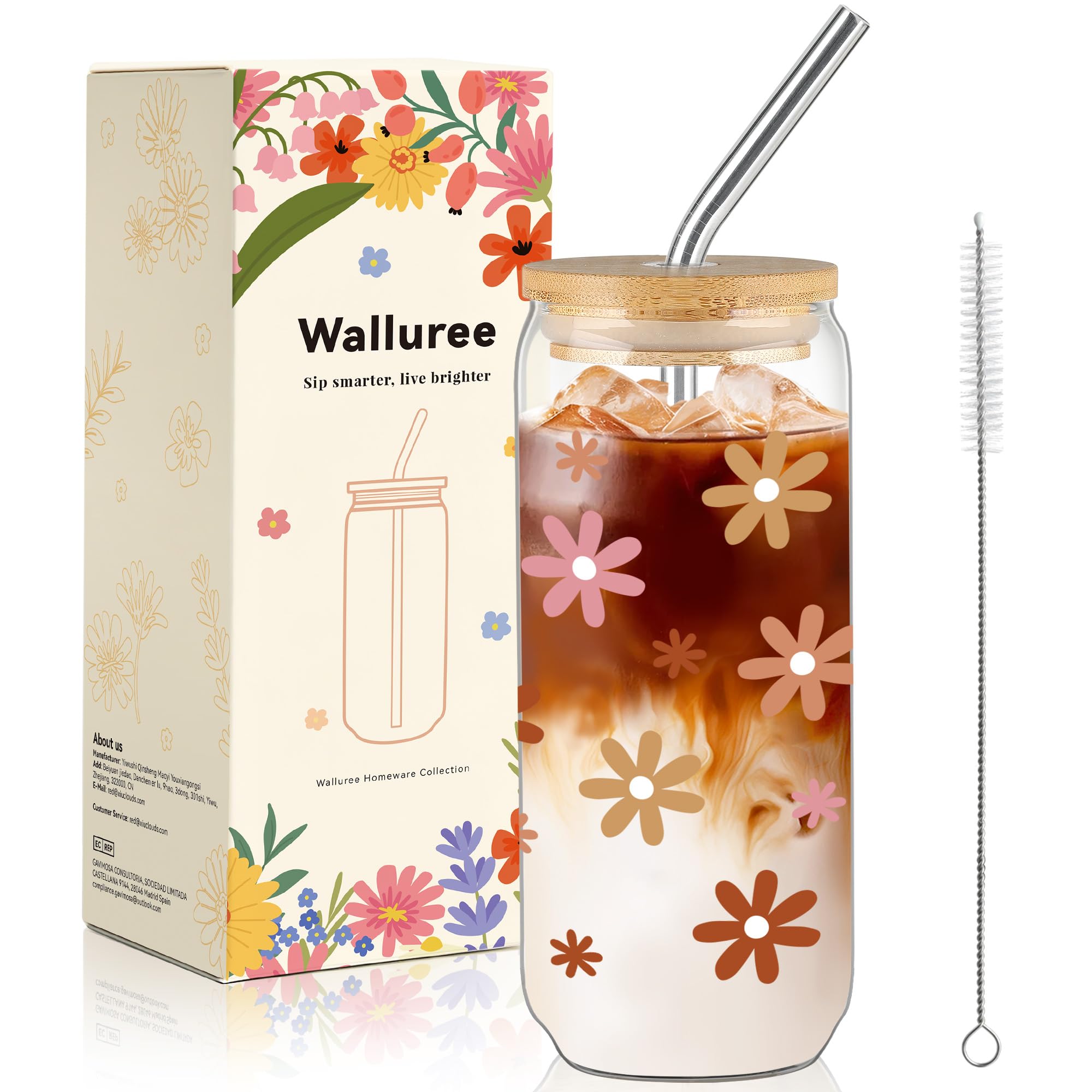 Walluree Glass Cups with Lids and Straws 600ml Daisy Iced Coffee Tumbler