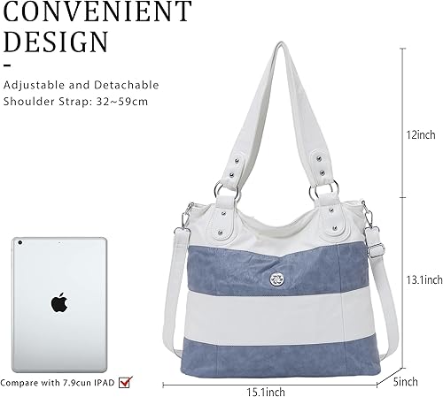 Miniatura 2 de Angel Kiss Hobo - Bolsos de hombro grandes para mujer de piel sintética lavada suave y a rayas L Negro/Blanco, Azul / Patchwork, gris, Rosa/Rebel