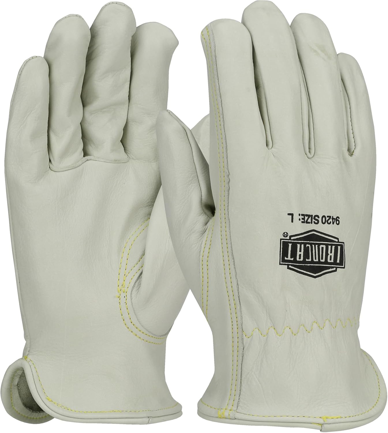 Ironcat Premium Grade Top Grain Cowhide Leather Drivers Glove, Split Cowhide Back, Keystone Thumb, Brown/White