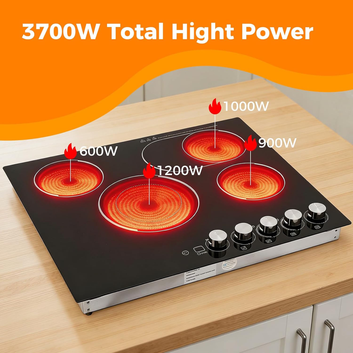 4-Burner Electric Cooktop, 110V 1200W Built-in Stove Top with 0-90mins Timer, 24" x 20" Electric Ceramic Cooktop with Knob Control, for Home, Commercial Kitchen, for Hotel, Restaurant