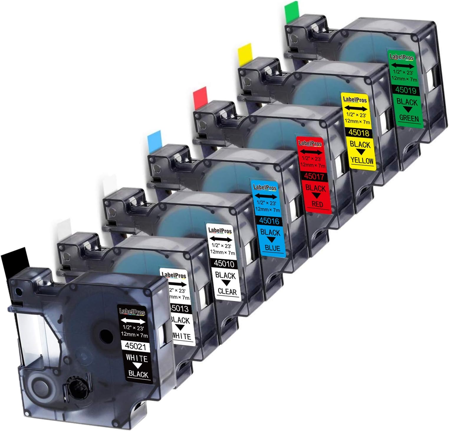 7-Pack Replace DYMO D1 Label Tape 45010 45013 45016 45017 45018 45019 45021 D1 Refills Compatible DYMO LabelManager 160 280 420P PnP 220P 360D 450 210D, 1/2” W x 23’ L, 12mm x 7m