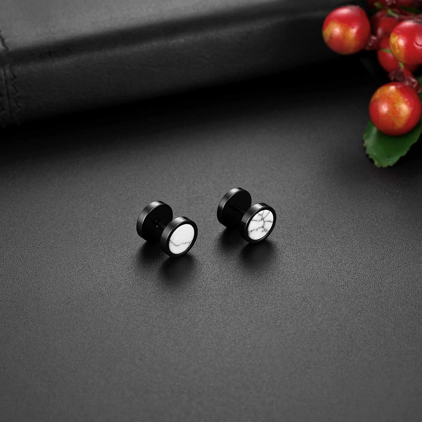 Flongo 10MM Boucles d'Oreilles Dormeuses pour Femme Homme, Clous d'Oreilles Puces Percés Faux Ecarteurs Acier Inox Incrusté Pierre Couleur Noir Brun Vert Blanc Bleu Fantaisie Cadeaux Anniversaire Noël