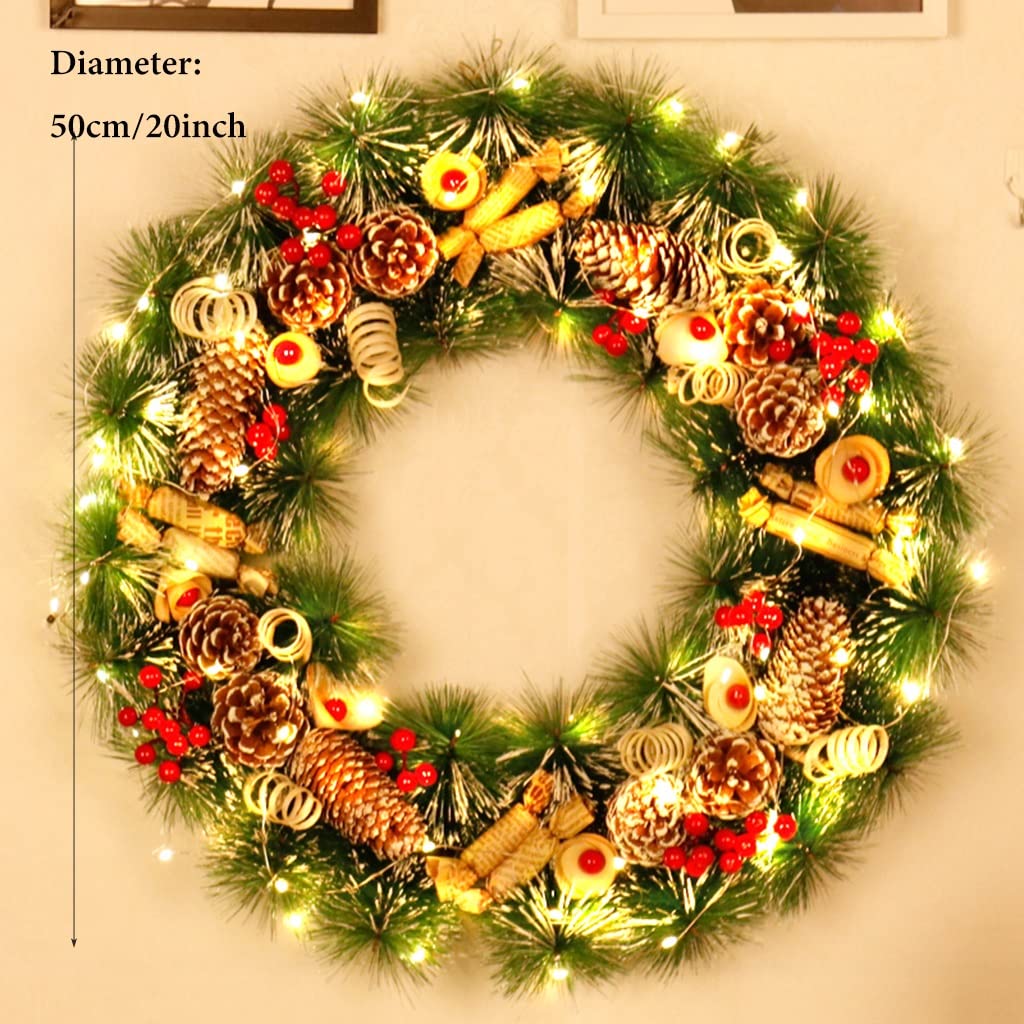 KANBUN Corona Navideña Preiluminada para Puerta De Entrada, Coronas Navideñas Artificiales con Luces Funciona con Pilas, Guirnalda Navideña para Ventana, Decoración De Pared, Chimenea,B-20inch