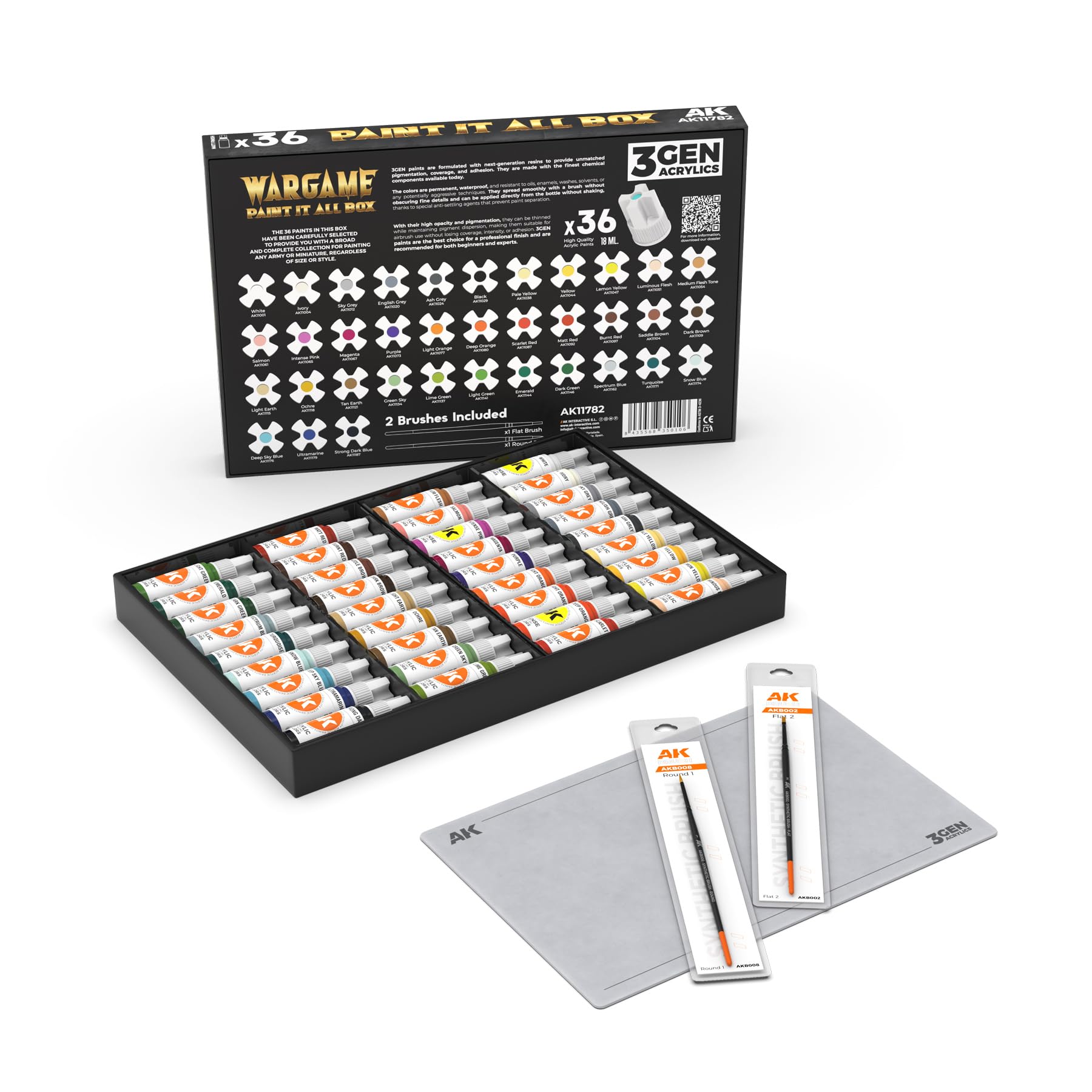 AK Acrylics 3Gen SET AK11782 WARGAME PAINT IT ALL BOX (36x17ml) + 2x brush + mat
