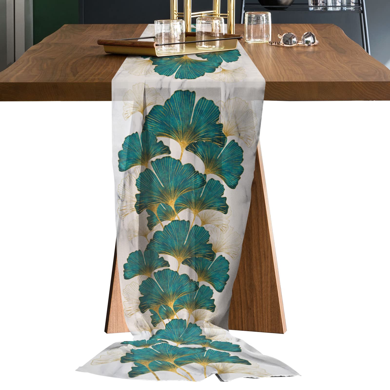 Chiffon Table Runner for Party - Lightweight Voile Sheer Table Cloth Dresser Scarves Dining Table Decor - Art Blue Gold Ginkgo Leaves with Marble Textured Table Runner 19x55 Inch