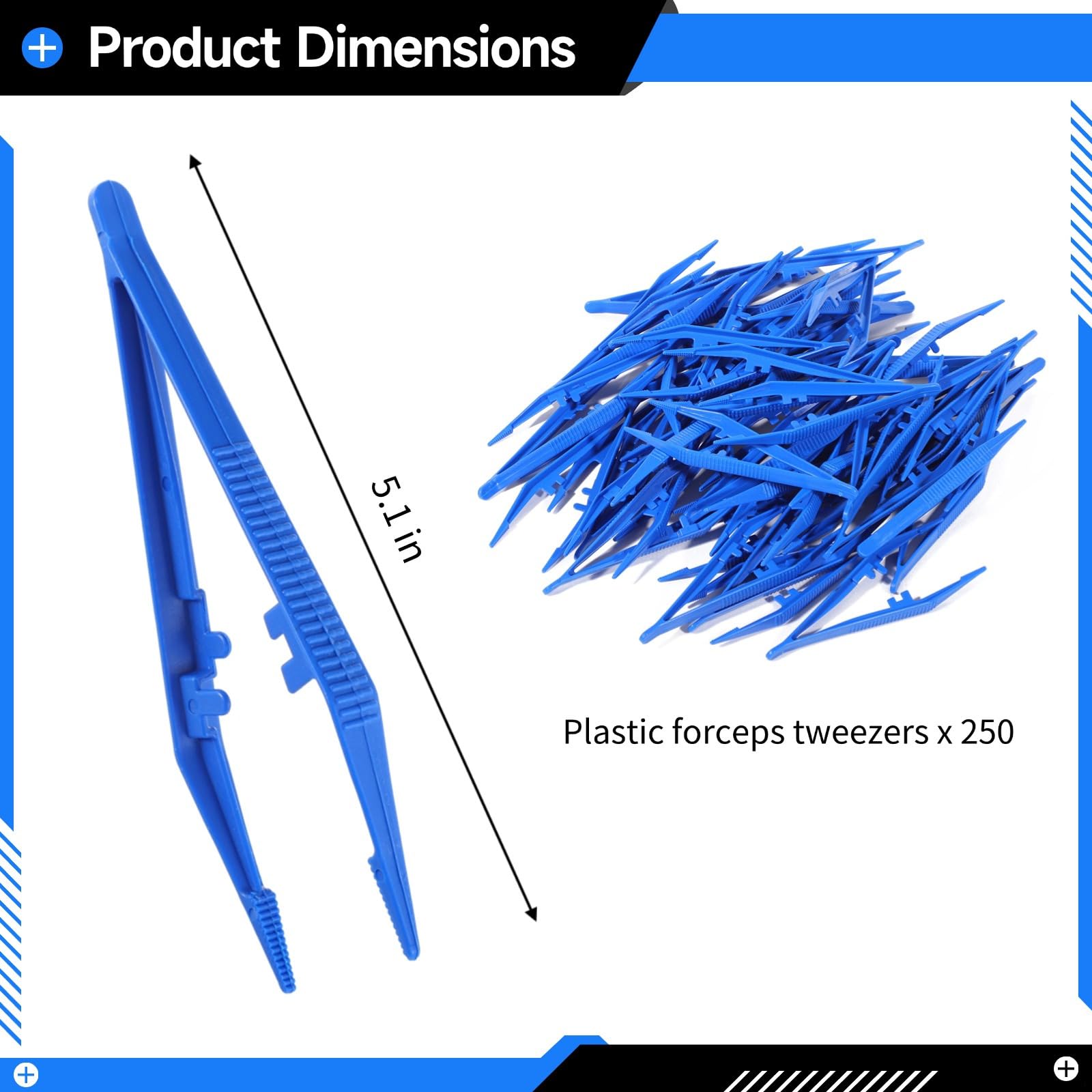 Confezione da 250 pinzette usa e getta in plastica con creste per dita, punte seghettate e estremità affusolate di precisione, per medici, artigianato, laboratori e lezioni di scienza