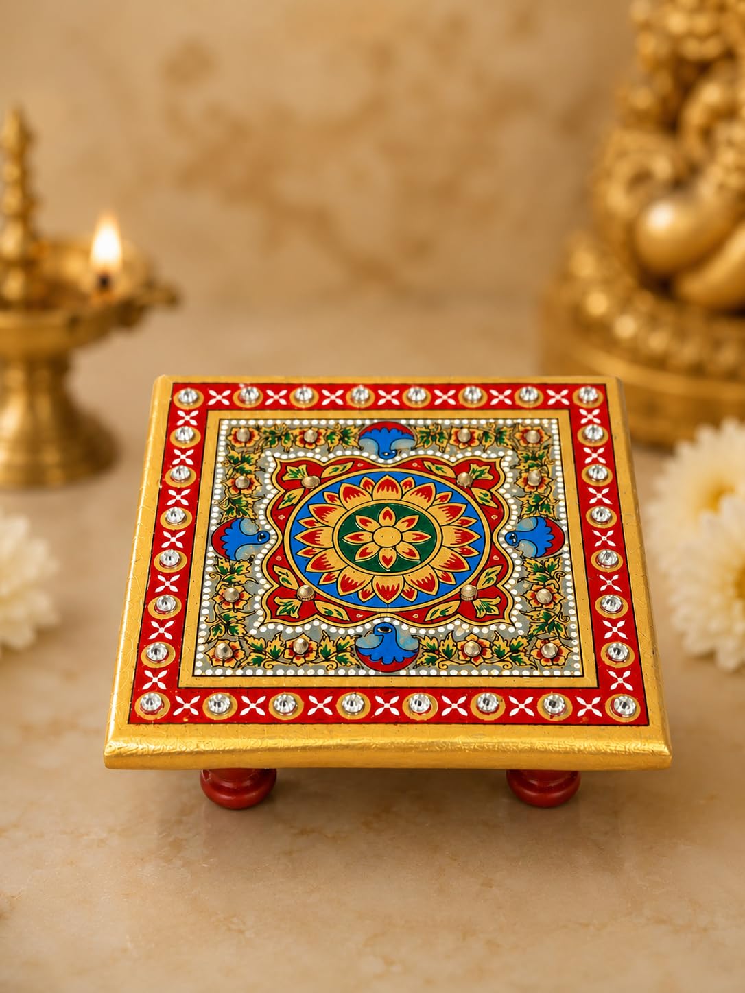 Handcrafted Marble Pooja Chowki | Traditional Rajasthani Hand-Painted Mandir Bajot | Decorative Puja Chowki for Ganesh Idol, Gods & Home Temple | Festive & Housewarming Gift-image-14
