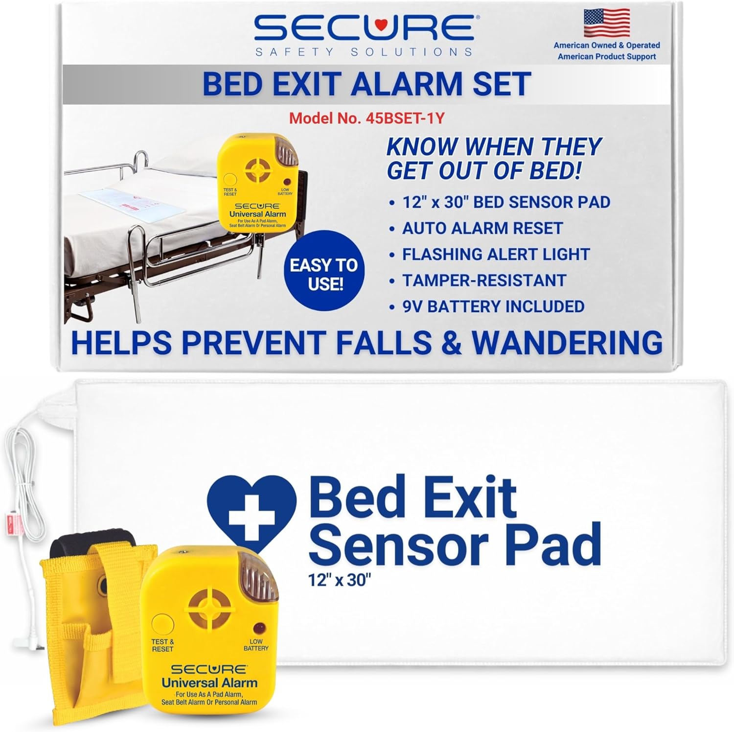 Secure Safety Solutions Bed Alarm for Elderly Adults - 12" x 30" Pressure Sensor Pad, 80 dB Monitor, 9V Battery - Wander & Fall Prevention, Dementia Patient Monitoring, Motion Sensor for Seniors