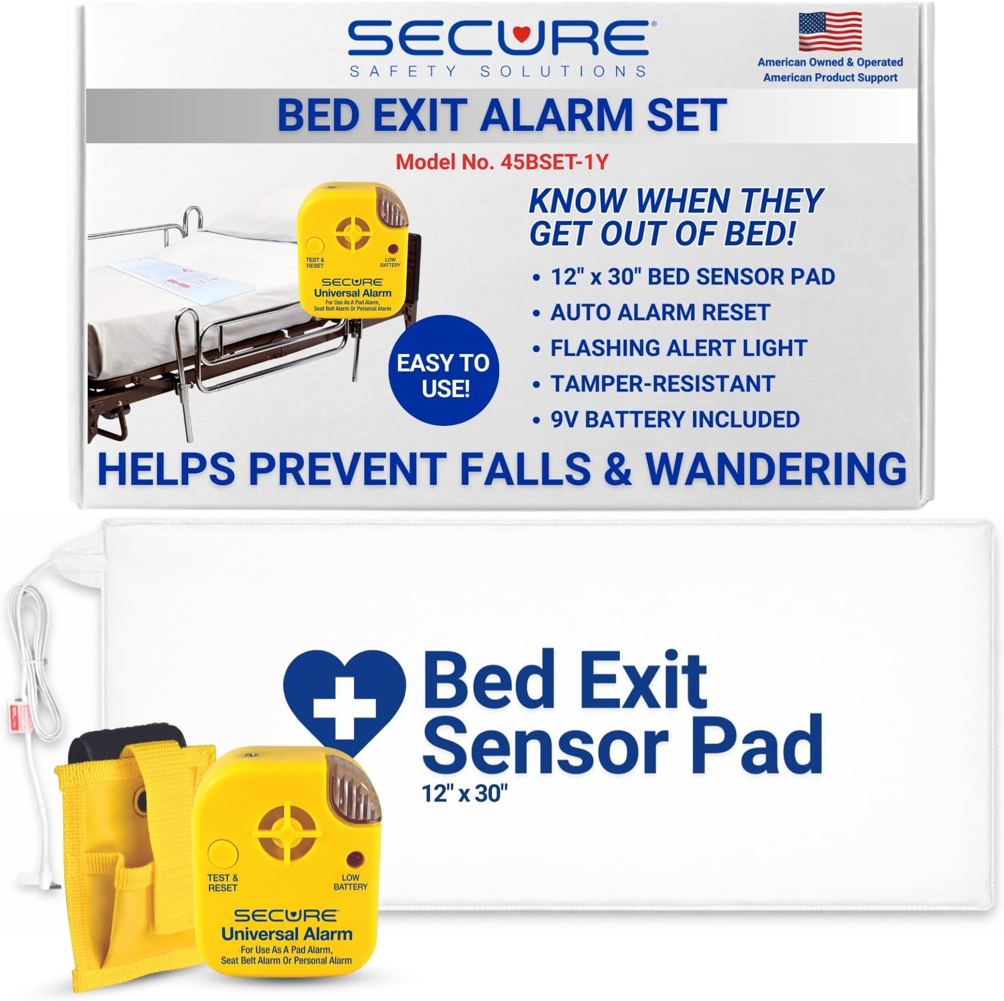 45BSET-1Y Bed Alarm System by Secure Safety Solutions - 80 dB Alarm Monitor with Holder & 12" x 30" Bed Sensor Pad - Bed Alarms and Fall Prevention for Elderly Dementia Patient - Batteries Included