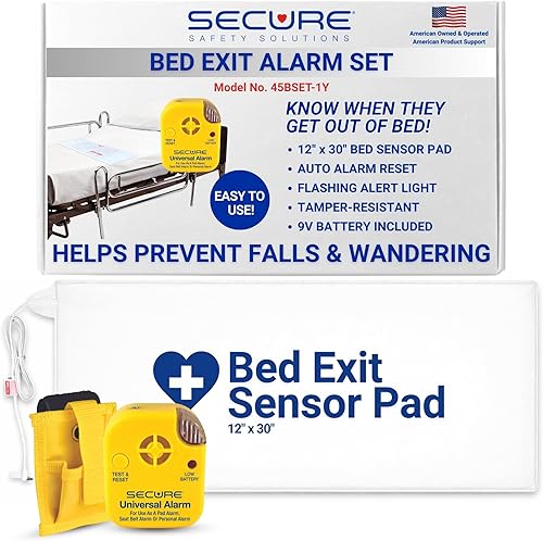 Secure Safety Solutions Alarma de cama para adultos mayores, almohadilla con sensor de presión de 12 x 30 pulgadas, monitor de 80 dB, batería de 9