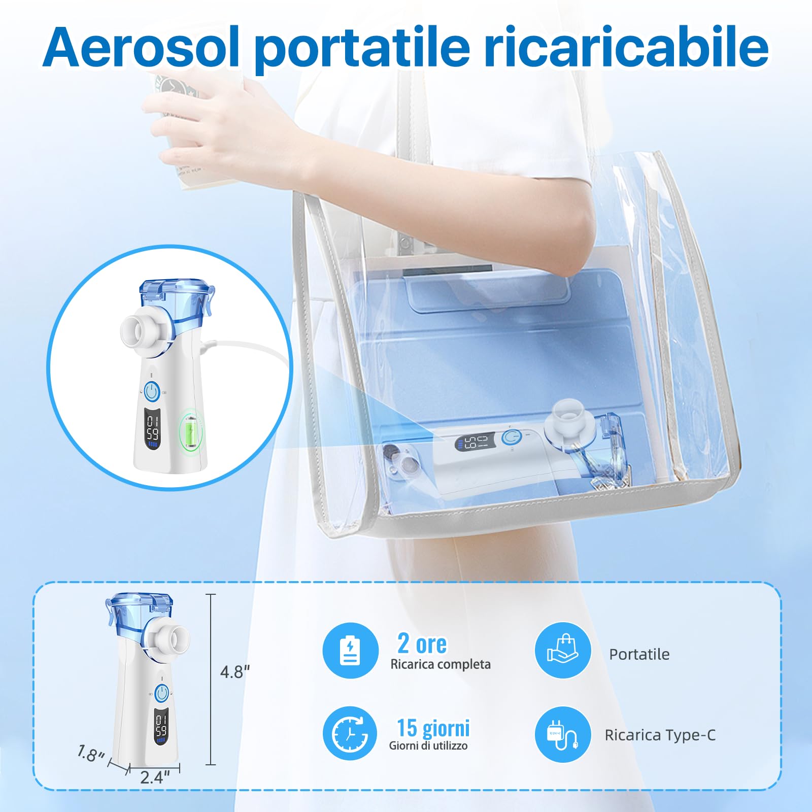 Aerosol Portatile Silenzioso Macchina Aerosol per Adulti e Bambini a Ultrasuoni con Ricarica USB-C Nebulizzatore Elettrico Portatile Macchinetta Aerosol Compatta ed Efficiente Meno Residui