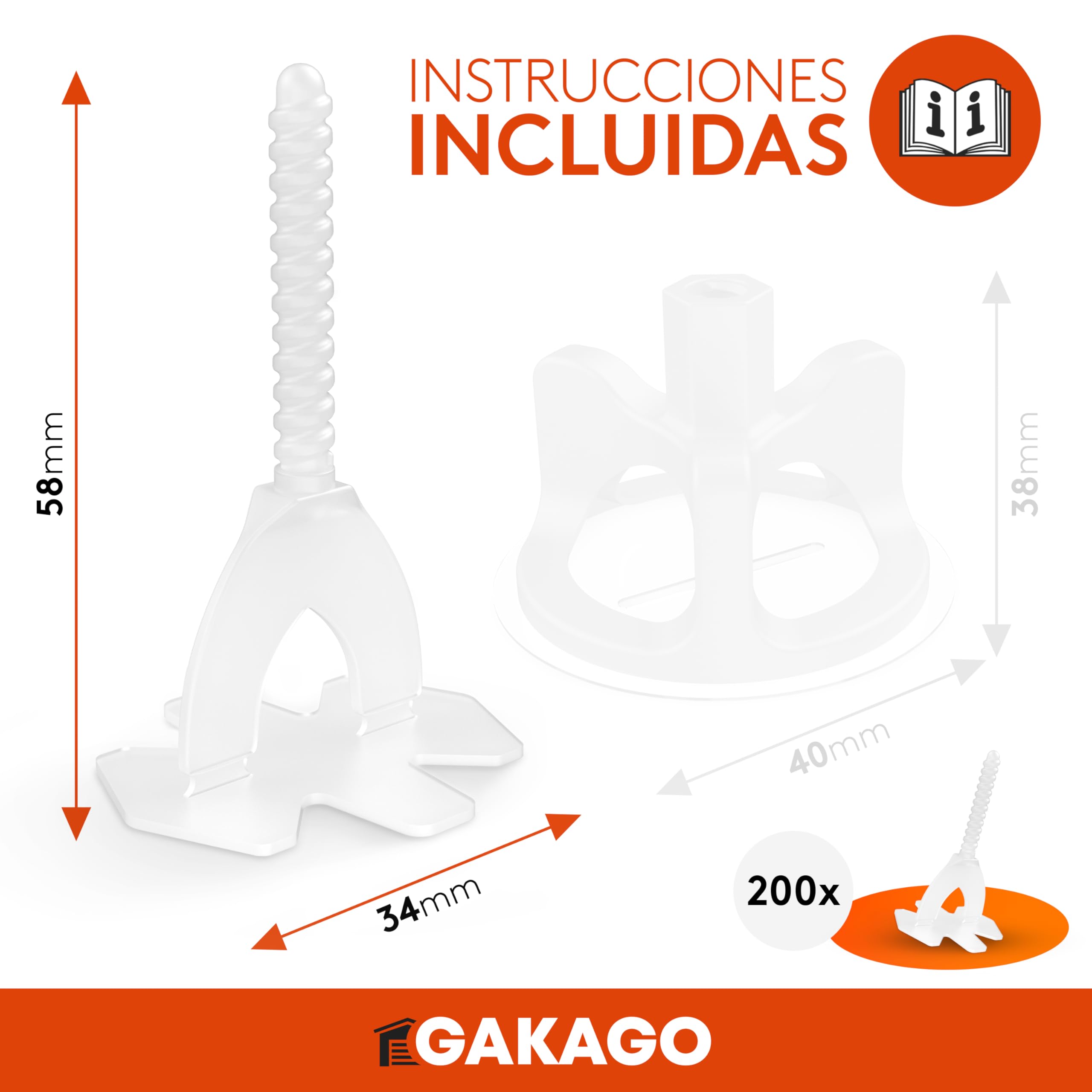 Gakago Sistema de nivelación de baldosas 200 tacos roscados de 2 mm - Ayuda a la colocación para un patrón de juntas perfecto - Gama superior para grosores de baldosa de 3-18 mm