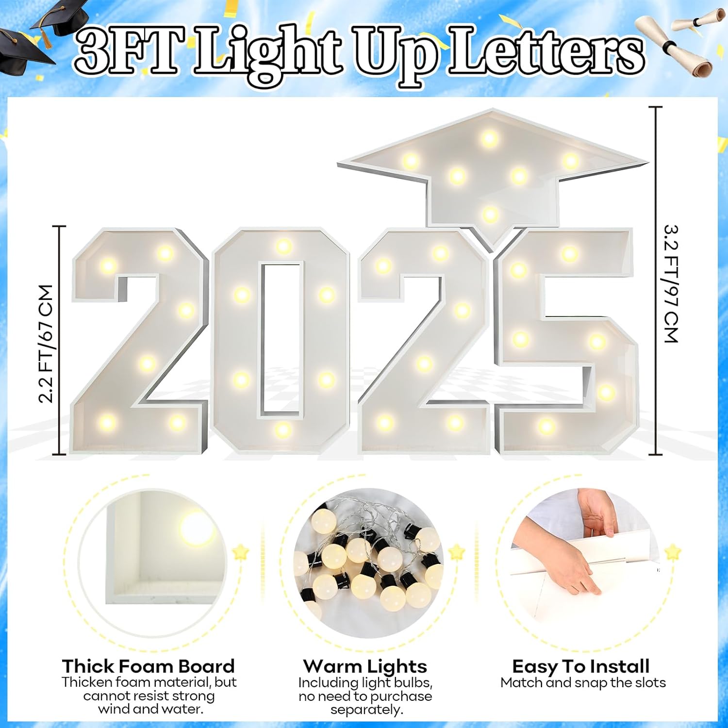 2025 Light Up Numbers Marquee 3FT for Graduation Decorations with Graduation Cap, White Big Mosaic Number with Lights 2025 Cardboard Pre-Cut Frame for Class of 2025 High School College Grad Party