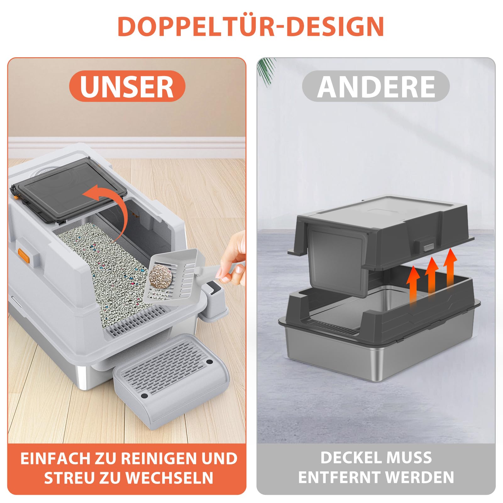 Katzenklo Edelstahl mit Deckel,Katzenklo Groß Katzentoilette XXXL Katzenklo Geschlossen mit Schaufel, Pedal & Matte, für große Katzen/mehrere Katzen