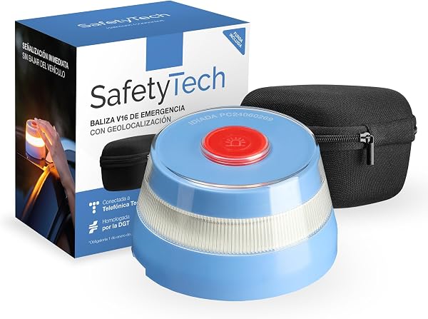 SafetyTech - Luz Emergencia Coche Homologado DGT, con SIM Telefónica y Datos Gratis hasta 2038, Baliza V16 Homologada DGT con Geolocalizador 3.0 + Funda Accesorios Coche, V16 con Geolocalización - 1
