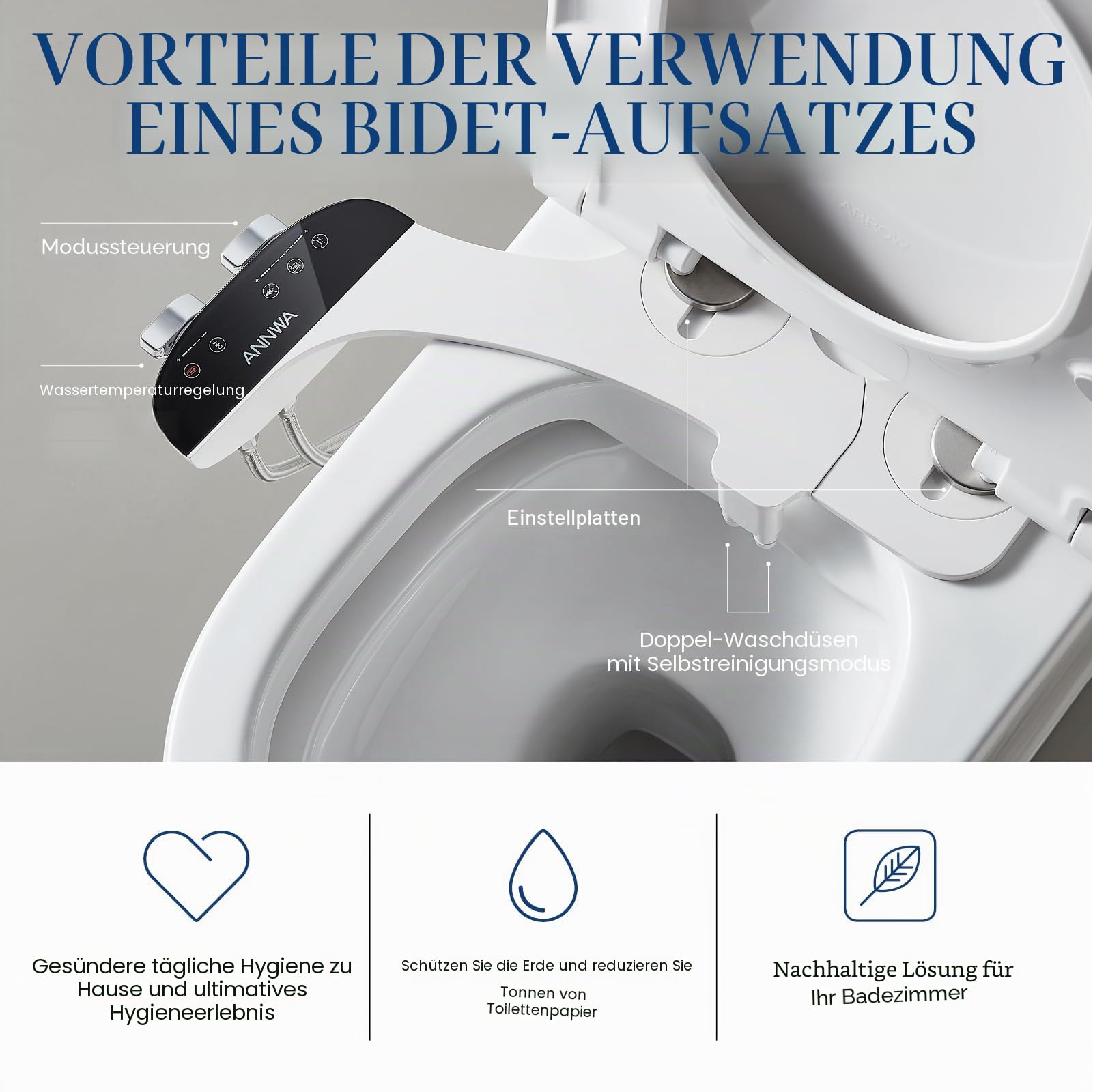 Bidet Aufsatz für Toilette,Cold/Heiß Water Bidet Dusch-WC,mit Einziehbare selbstreinigende Doppeldüsen,Wasserstrahl regulierbar,WC-Aufsatz,Front- und Heckreinigung,Po-Dusche,TT18NA