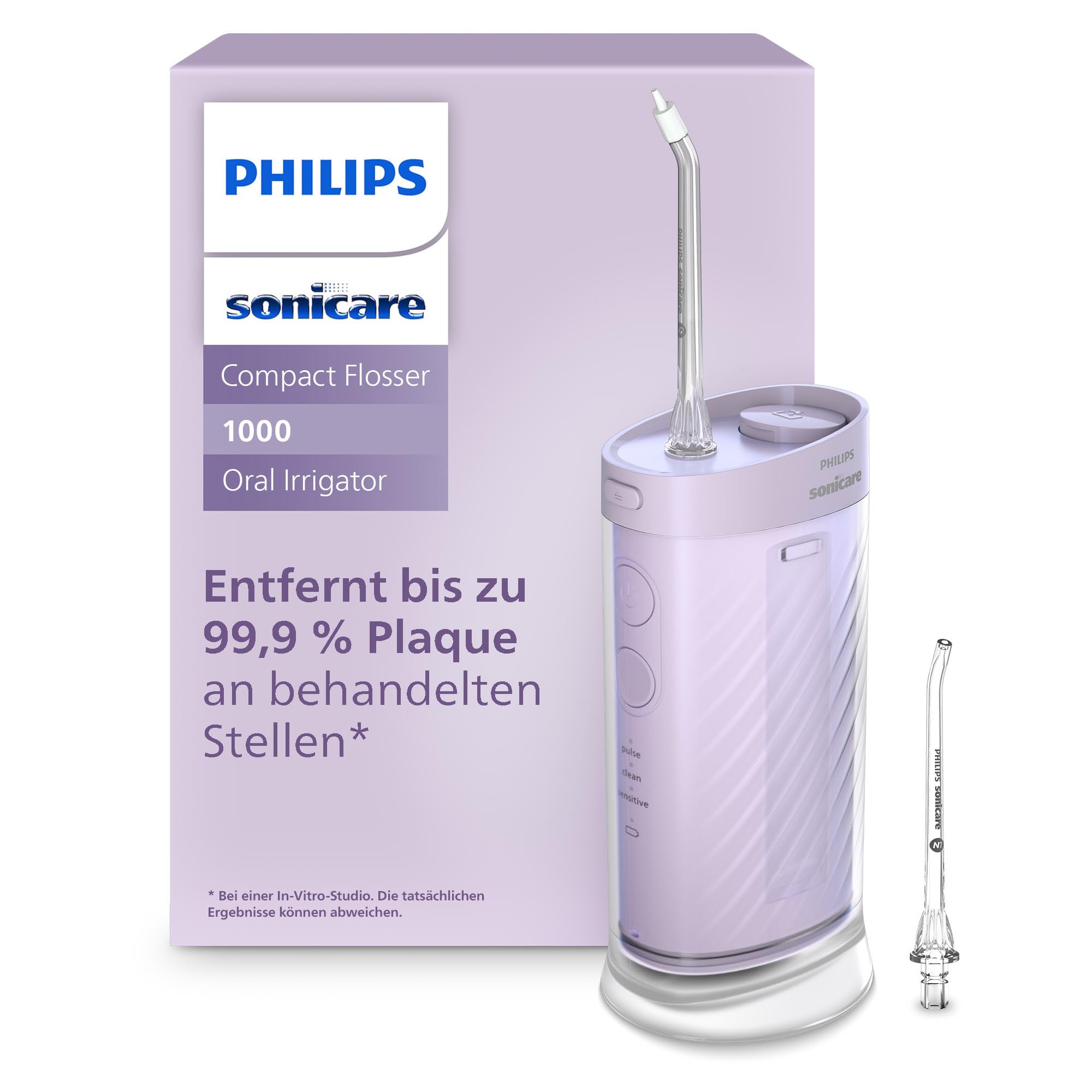 Philips Sonicare Compact Flosser 1000, tragbare Munddusche mit 3 Reinigungsprogrammen, IPX7 wasserdicht, reisefreundlich, Lila, Modell HX3333/23