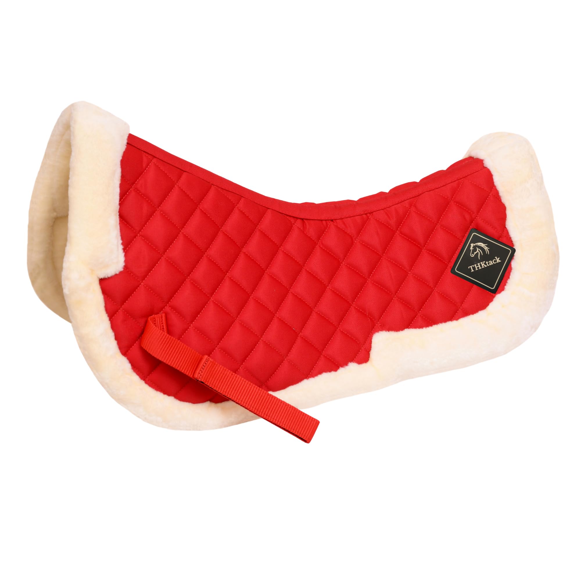 THKtack Minky Half Saddle Pad for Horses | Diamond Quilted & Shock Absorbing | Faux Fur Trim | Jumping & Training (Red)