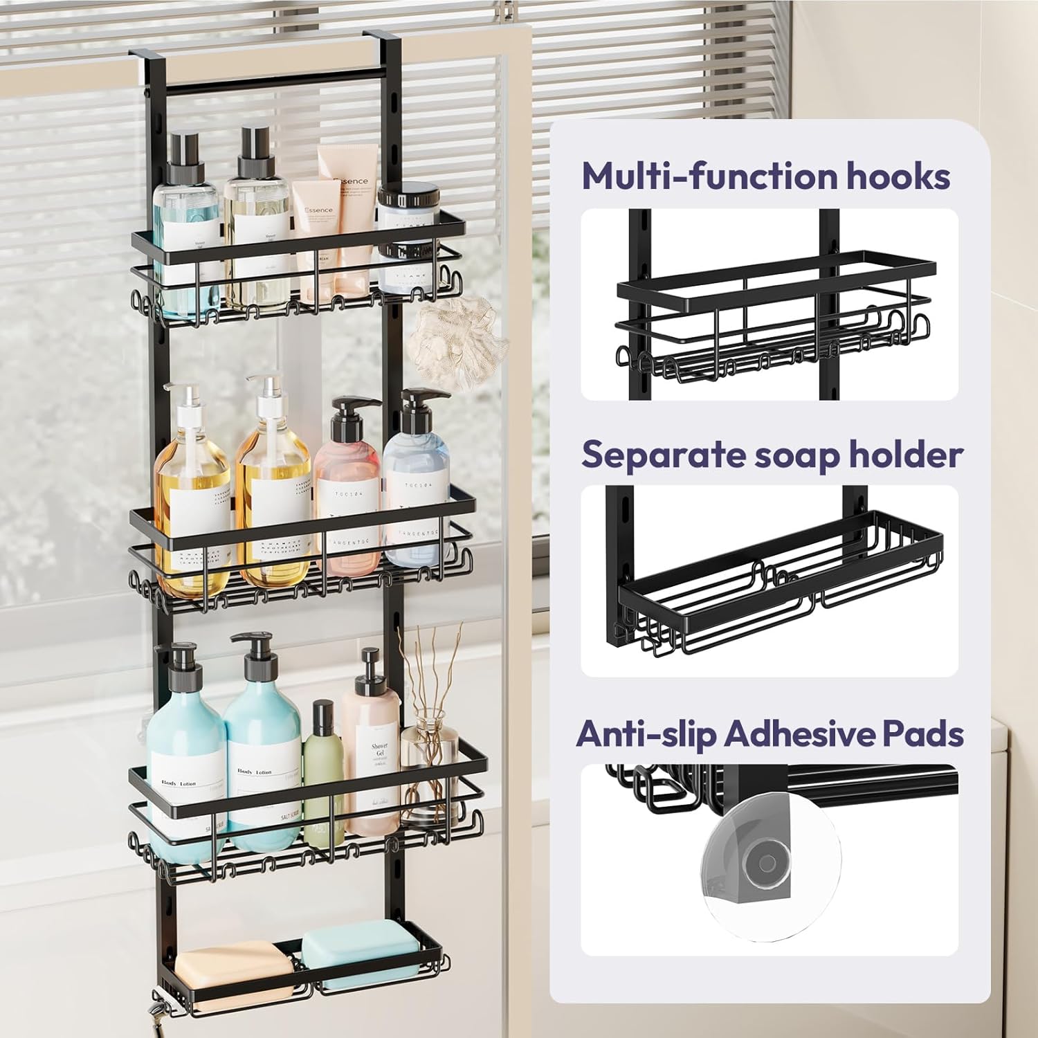 SWTYMIKI Over The Door Shower Caddy - 4 Tier Rustproof Hanging Shower Organizer with Adjustable Shelves, 40 Hooks & Soap Holder, Hanging Shower Rack Storage for Bathroom Accessories, Black