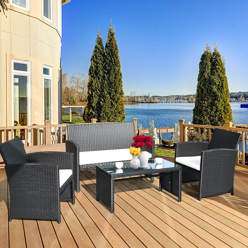 DEVOKO 4-Piece Patio Rattan Wicker Furniture Set with Cushioned Sofa, Glass Top Center Table for Porch, Lawn, Garden, and Poolside (Black & White)