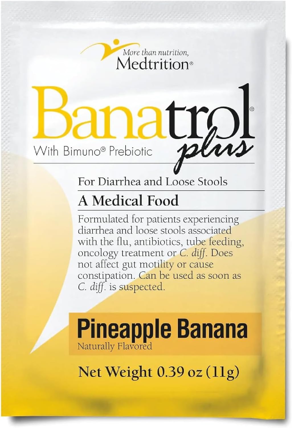 Medtrition Fast Natural Anti-Diarrhea Medicine Relief Kids, Adults |Banatrol Plus| Banana Flakes and Prebiotic| Pineapple Banana Flavor 21 doses