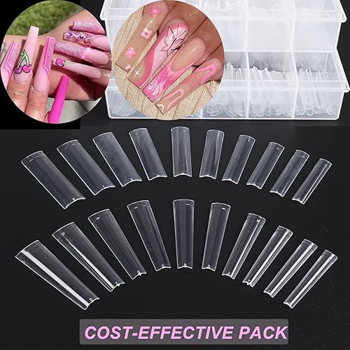 Miniatura 4 de No C Curve XXL - Puntas de uñas cuadradas y ataúd, 200 puntas de uñas rectas cuadradas planas, 200 puntas de uñas de ataúd de media cubierta sin