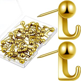 Jetec 30 Pieces Metal Push Pin Hangers Pin Wall Hooks Picture Hanging Picture Nails Frame Oil Painting Hooks on Wooden or Fabric Wall for Home or Office(Gold)