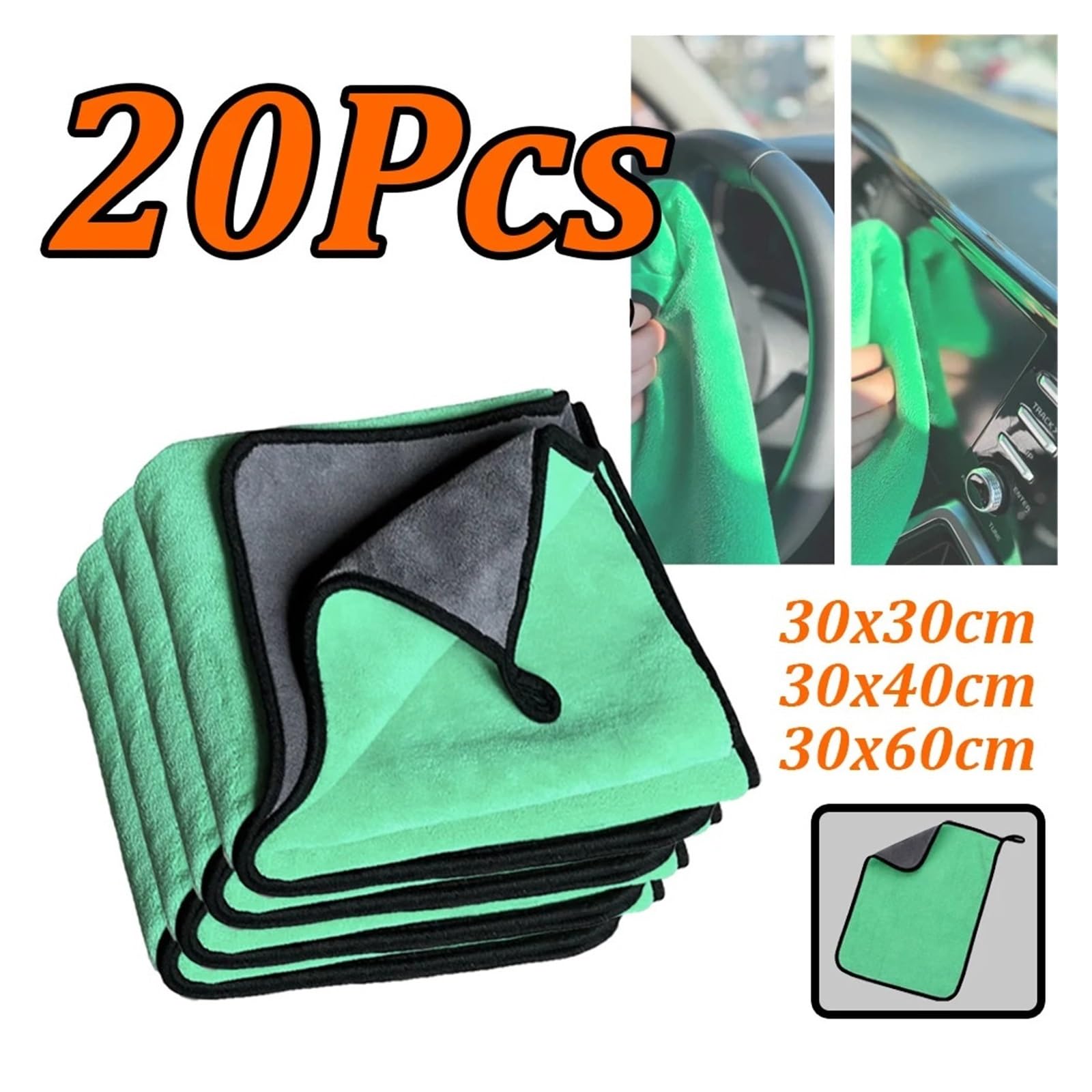 20Pcs Ultra-Fine Microfiber Car Wash Towels - Thickened Grey Green Cleaning Cloths for Car Care and Drying 30x40cm — view 2