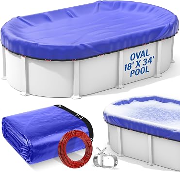 18 x 34 Oval Winter Pool Cover for Above Ground Pools | With Winch & Steel-Core Cable | Heavy-Duty | UV-Resistant | Easy Installation & Storage