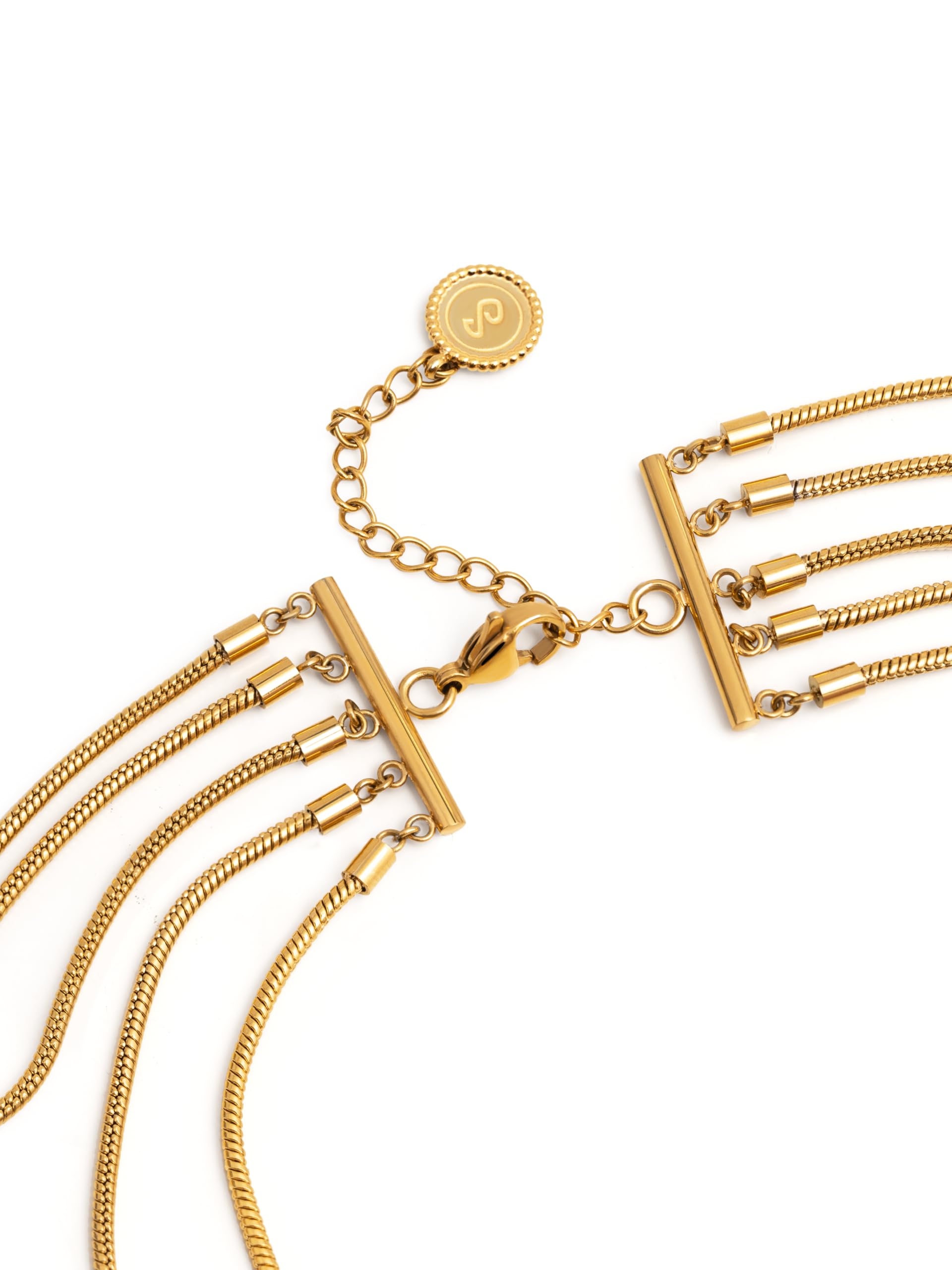 SINGULARU - Collana Cleopatra. Acciaio con Finitura Placcata Oro 18Kt. Collana con Cinque Catene. Lunghezza da 48 a 68 cm + 5 cm di Estensione. Gioielli per Donna