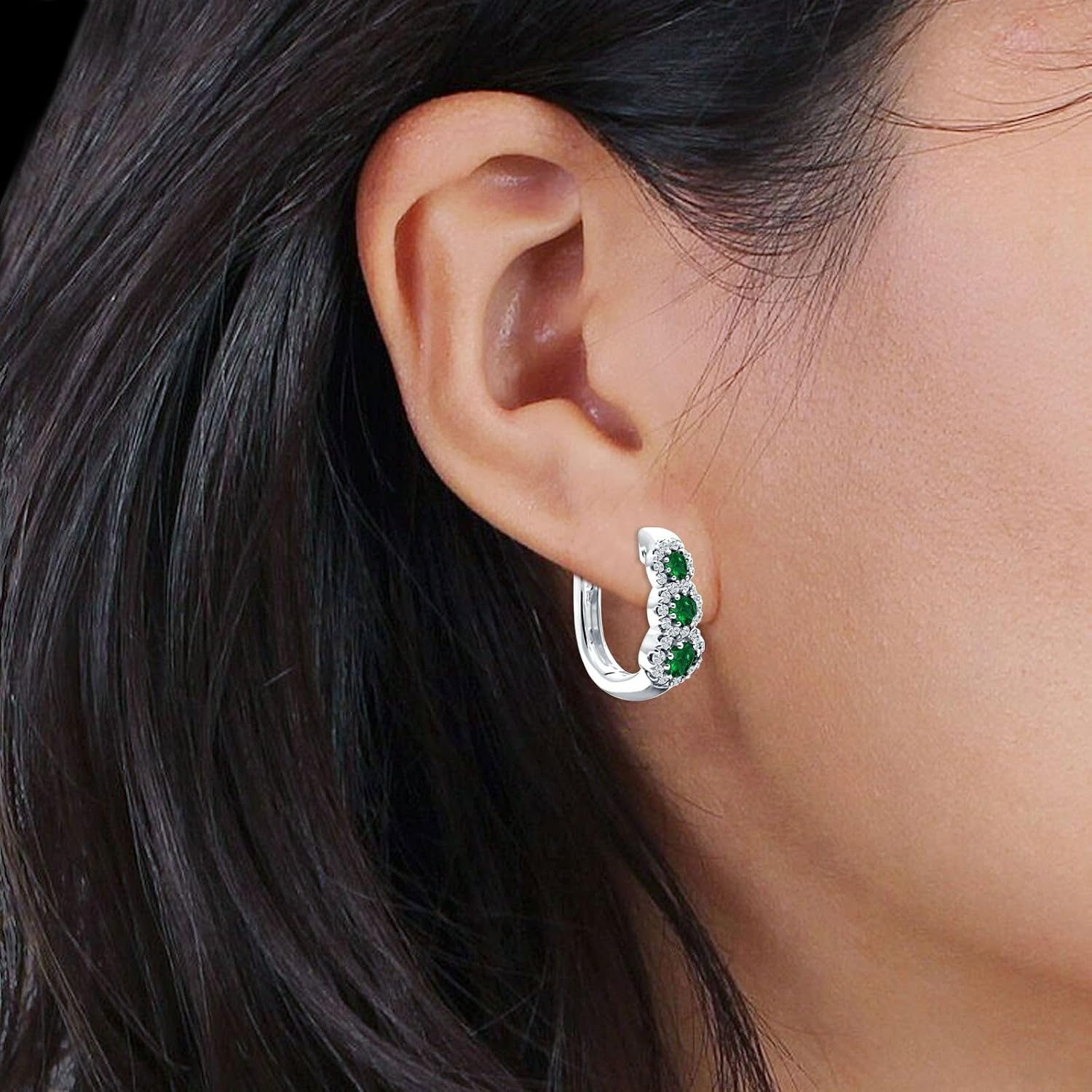 Green Emerald CZ-17.7mm Three Round Halo Cluster Hoop Earring Graduating Style Post & Click Back Earring Solid 925 Sterling Silver