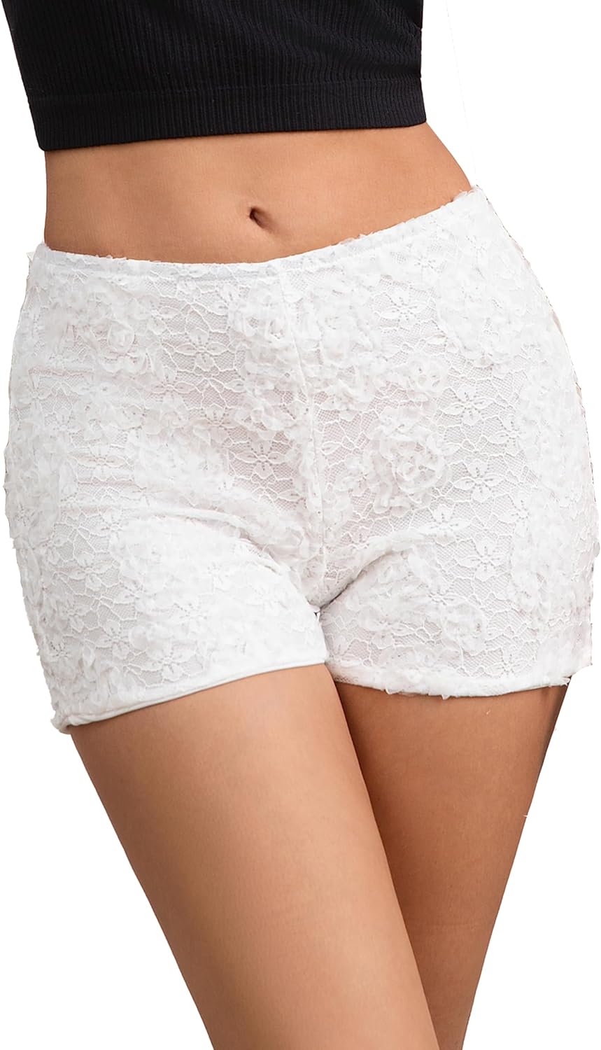 Women's Lace Micro Shorts with Floral Pattern White Frilly Bloomer Shorts for Casual Wear
