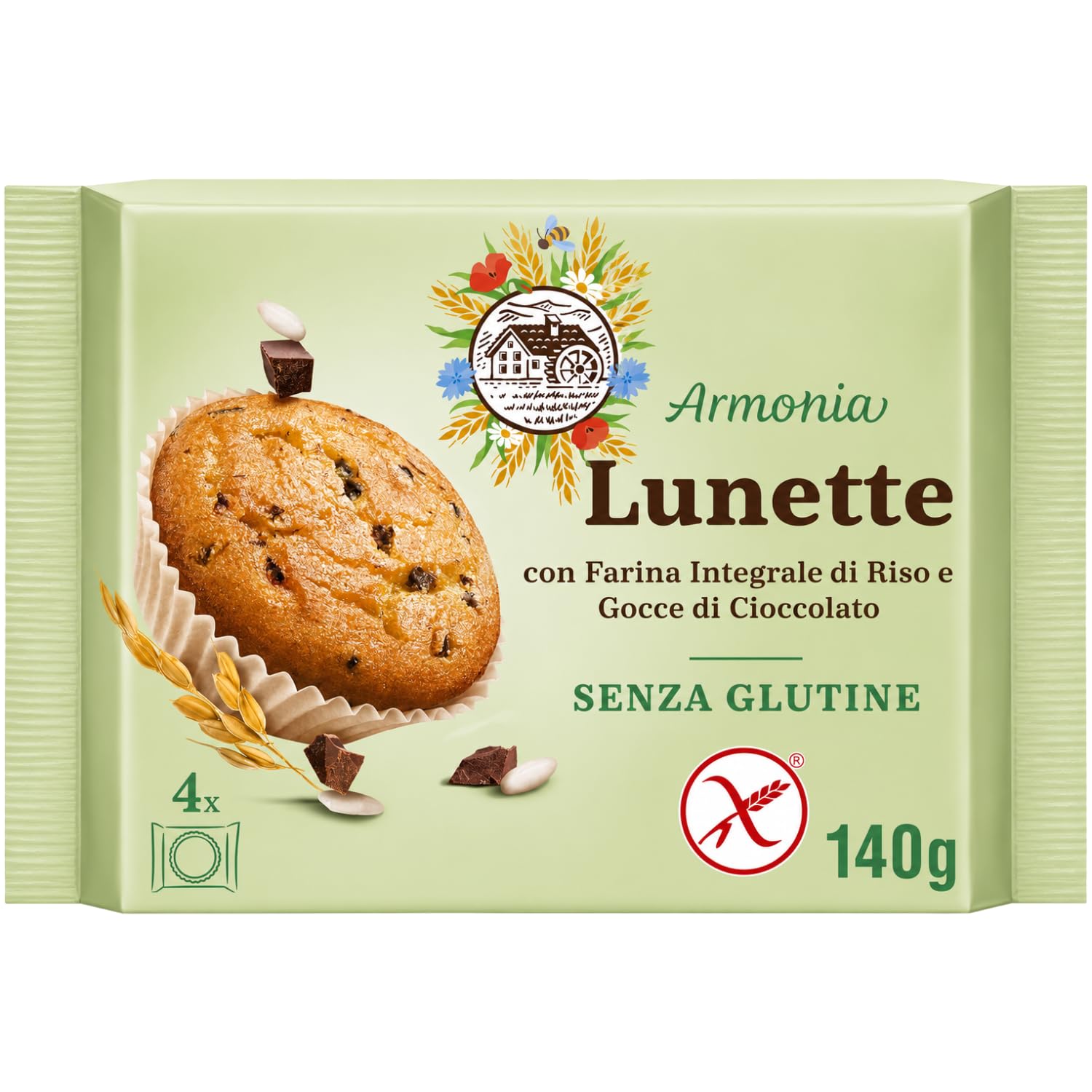 Tortine Senza Glutine con Farina Integrale di Riso e Gocce di Cioccolato, 140 g, Merendine Monoporzione Senza Olio di Palma per Colazione e Merenda, Confezione Multipla da 4/8/12 Pezzi (12 PEZZI)