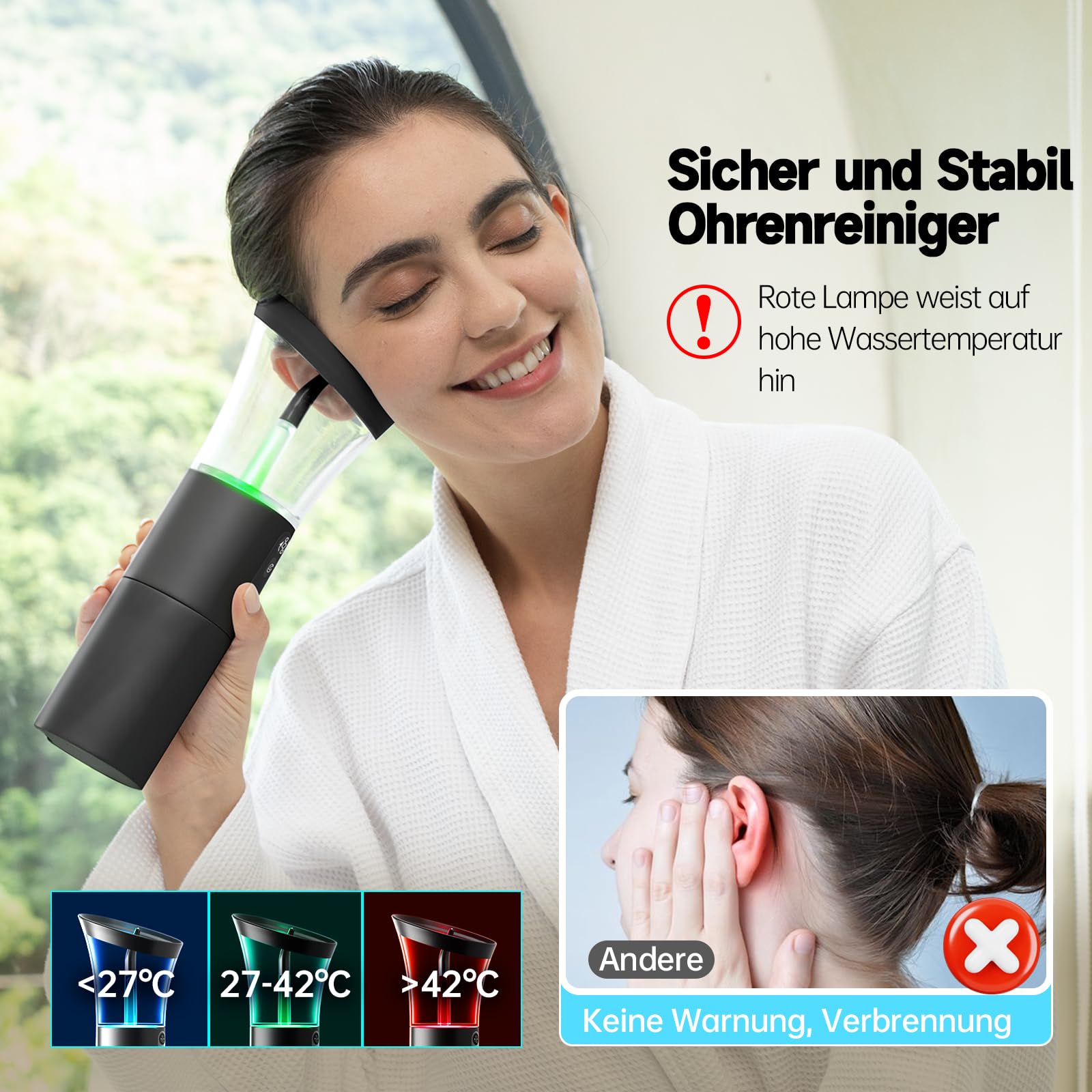 Morfone Nettoyeur Oreille, Utilisation d'une Seule Main, 4 Modes, Avertissements de Sécurité, IPX6 étanche, 5 Buses. Nettoyeur Oreille Adulte, Cure-cérumen pour Enfants (Noir)