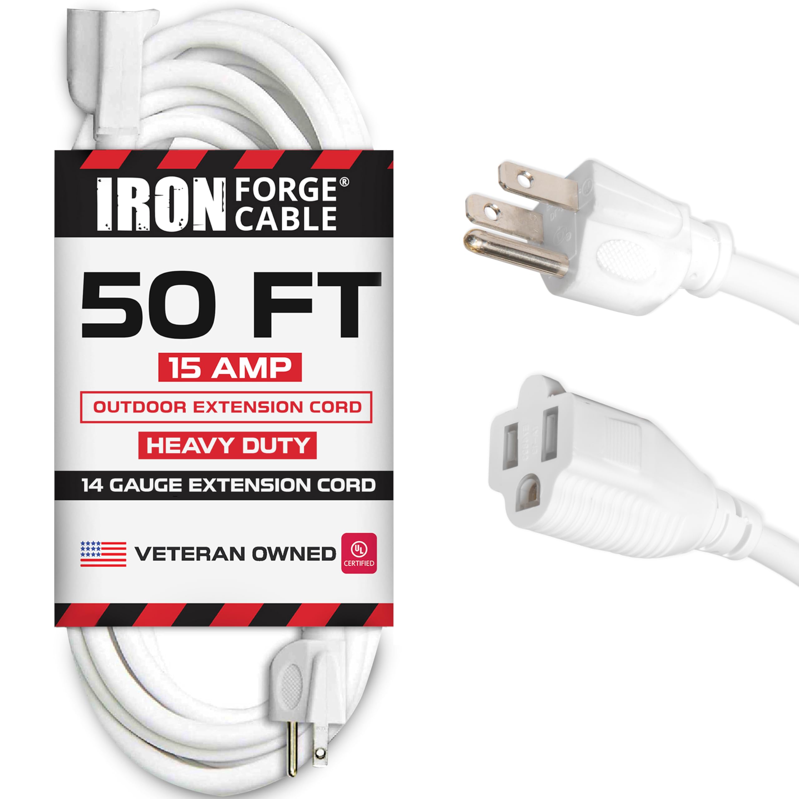 Cable de extensión Iron Forge de 15 amperios de alta resistencia de 50 pies, cable de extensión SJTW de calibre 14 de 3 puntas para exteriores e interiores, cable de alimentación blanco resistente a