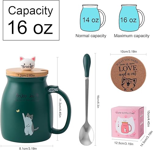 Miniatura 3 de Taza de café de cerámica con tapa de madera de gato Kawaii, encantadora cuchara de acero inoxidable, posavasos de madera gruesa de anime, taza