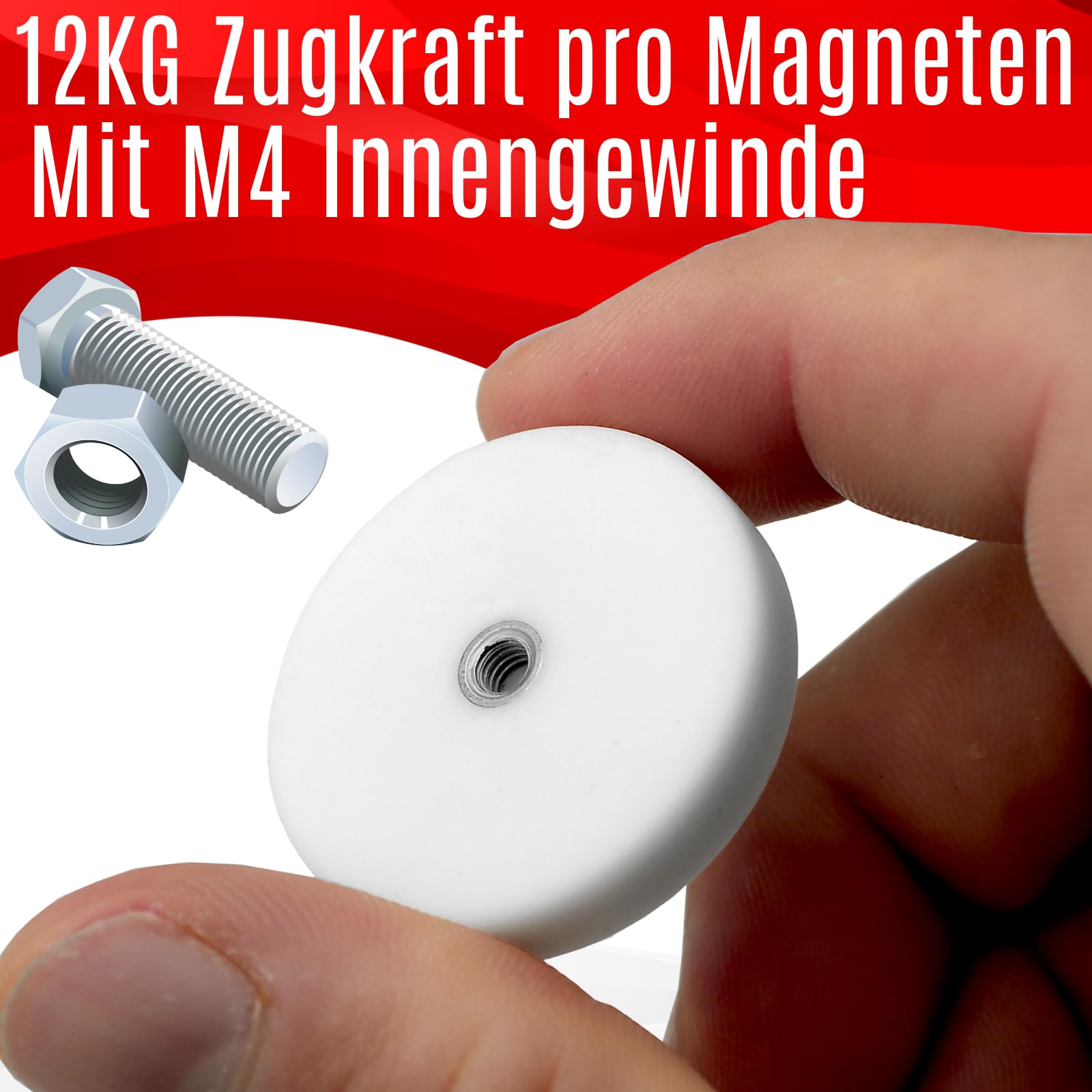 10x Gummierte Neodym-Magnete – 34mm, 8kg Zugkraft, Mit M4 Außengewinde