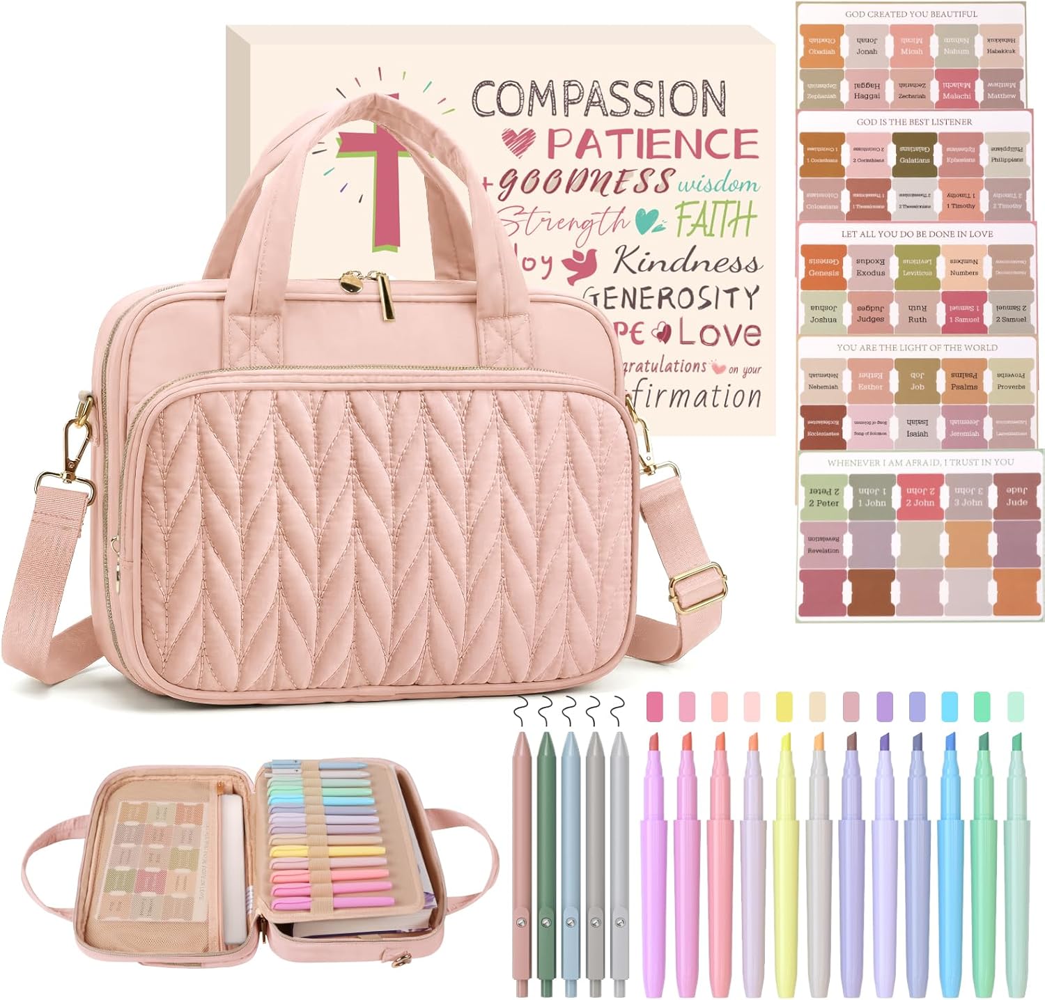 BellaHold Bible Cover Case for Women, Large Bible Bag with Study Supplies, Bible Journaling Kit with Highlighters and Pens No Bleed, Christian Gift for Women (Shoulder Strap, Light Pink)