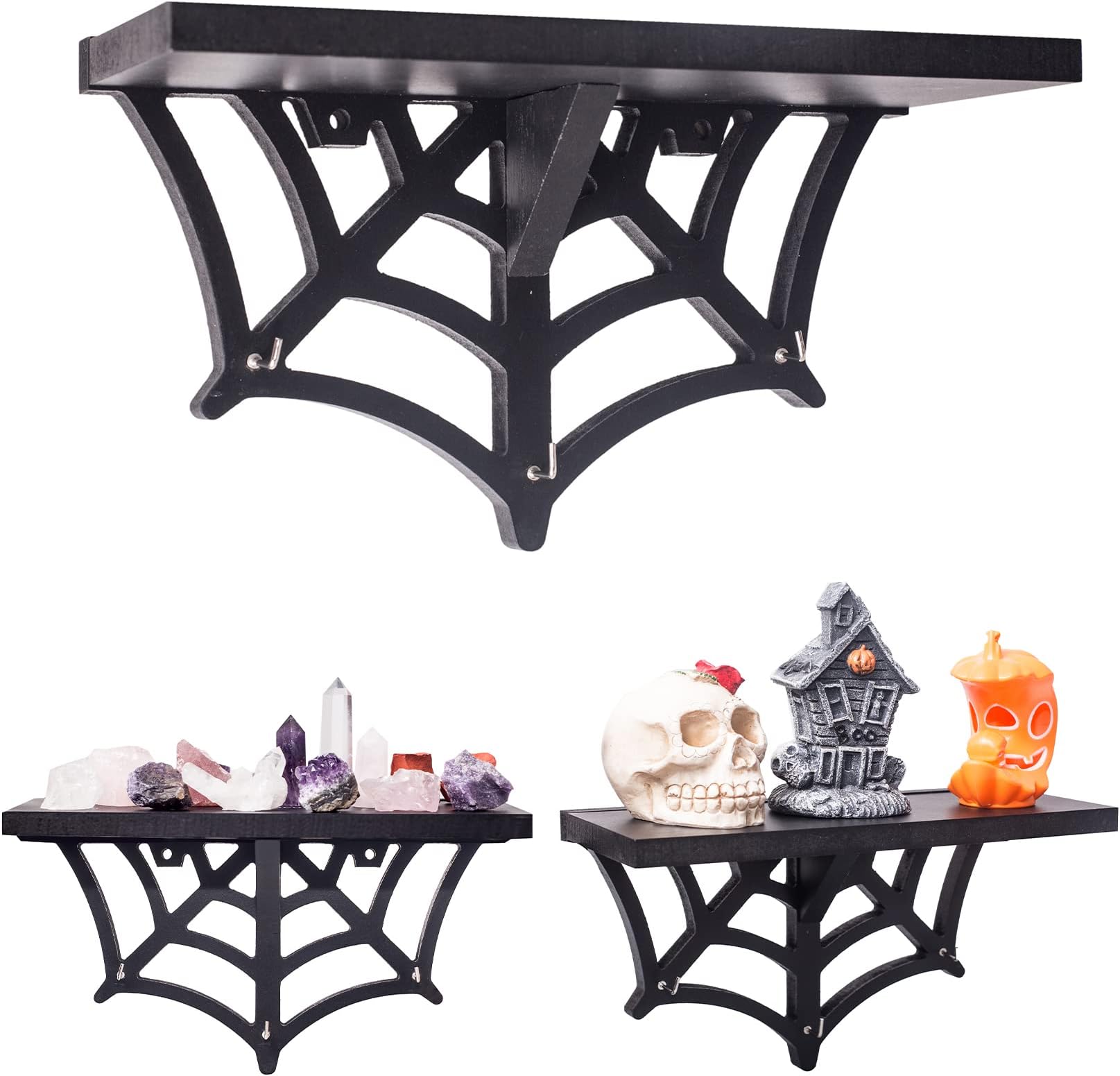 Spider Web Floating Shelf - Gothic Halloween Hanging Shelf with Hooks for Wall Oddities and Curiosities - Black Spooky Goth Wall Decor for Kitchen and Home - Crystal Display Shelf for Stones