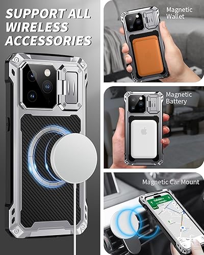 Miniatura 9 de Lanhiem Funda magnética de metal para iPhone 14 Pro, soporte de cámara integrado y protector de pantalla de cristal, resistente cuerpo completo,