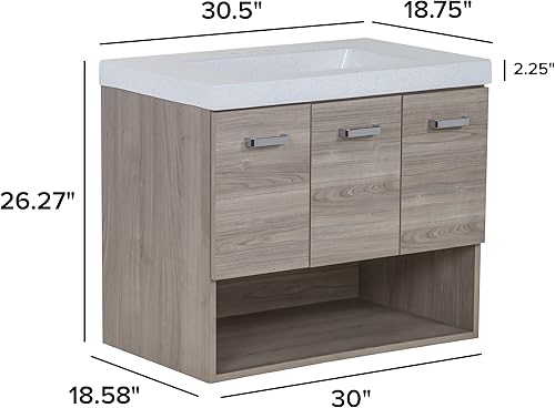 Miniatura 3 de Spring Mill Cabinets Inna - Tocador flotante de baño con armario de 2 puertas, cajón, estante abierto y parte superior blanca del fregadero, 30.5