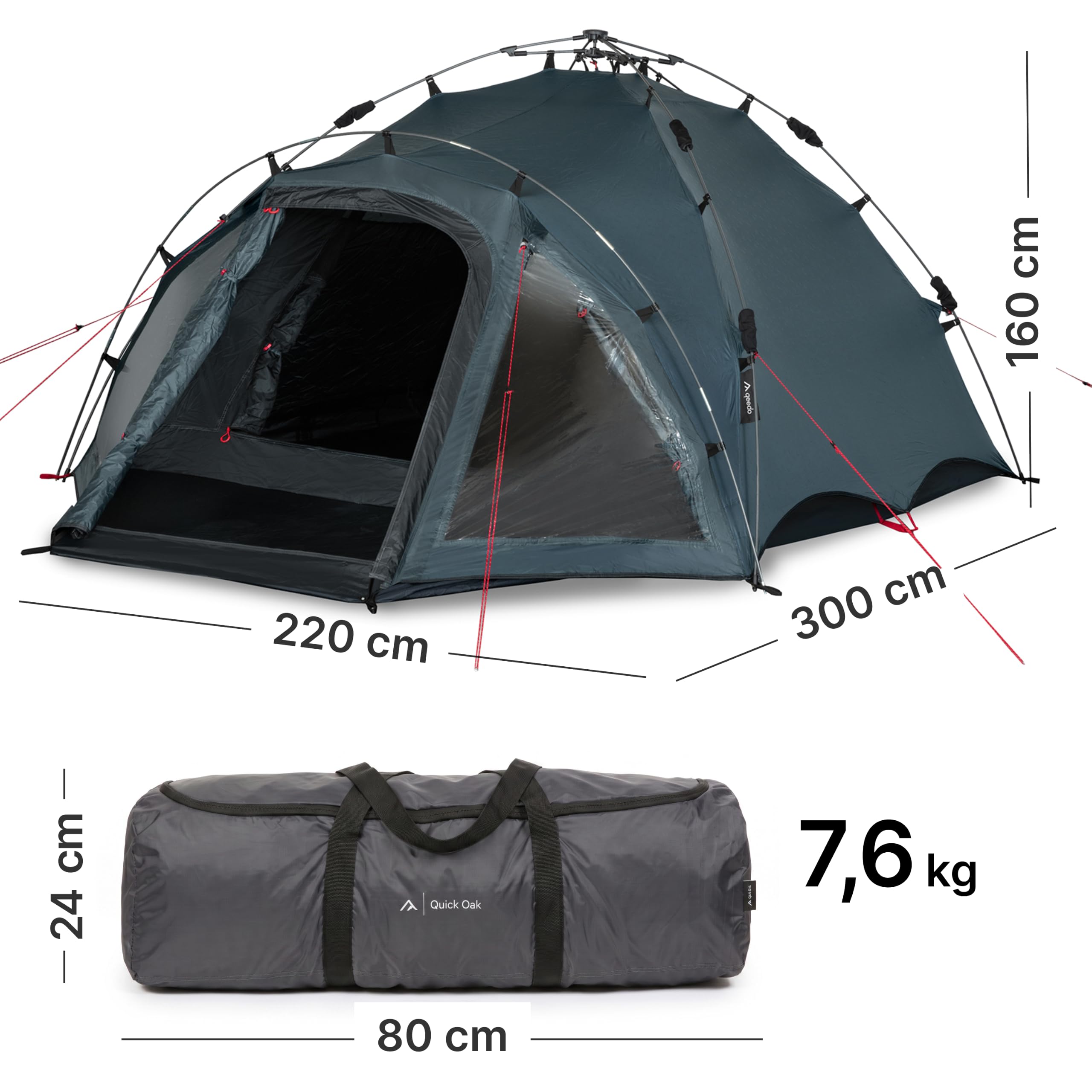 qeedo Quick Oak Campingzelt - Sekundenzelt mit innovativem Quick-Up-System, stabil & wasserdicht, ideal für Camping & Festival, Komfort-Zelt für bis zu 3 Personen, mit Vorraum & Moskitonetz aus Mesh