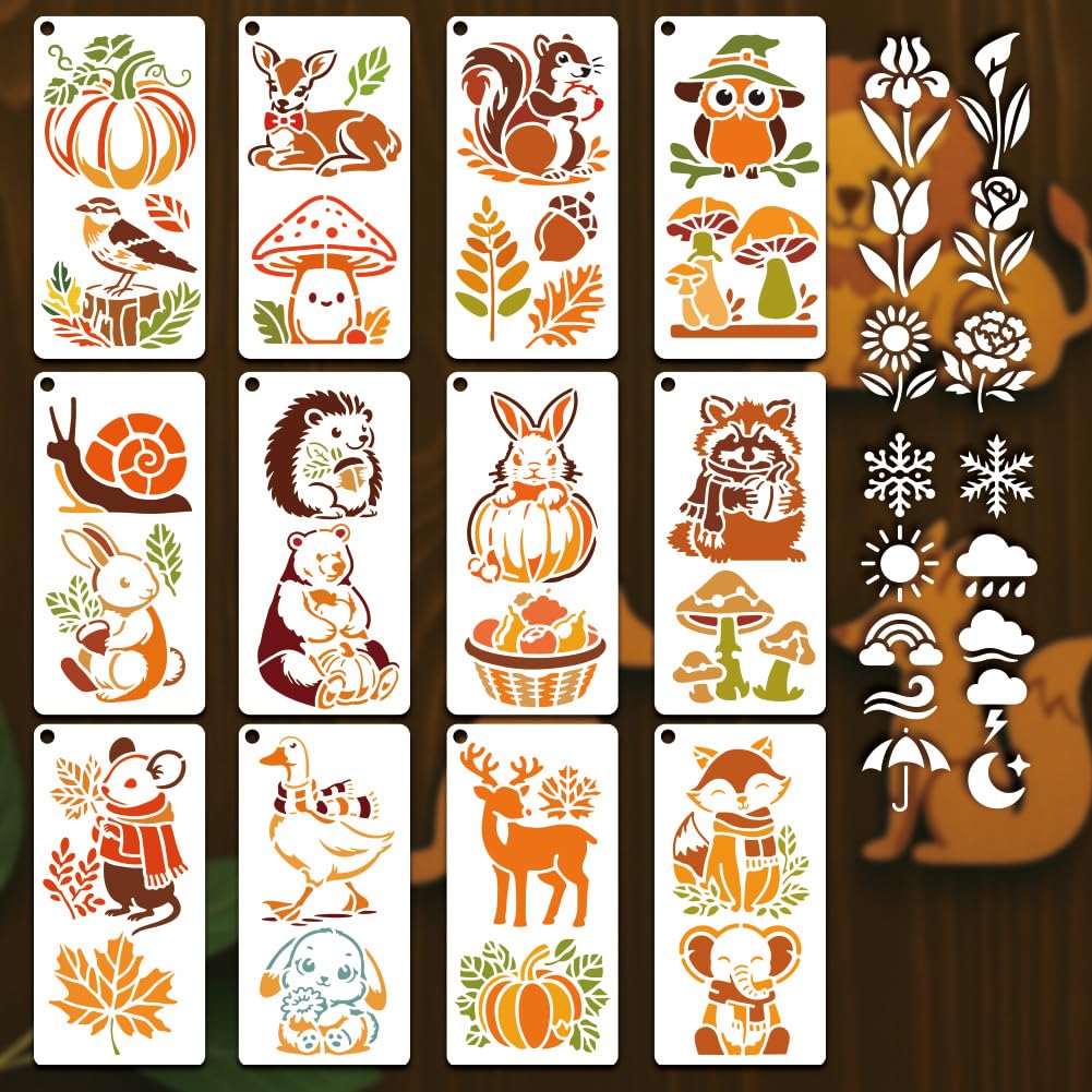 GOMAKERER 12 Sheets Fall Animals Stencil for Painting, Reusable PET Autumn Woodland Stencils Squirrel Owl Fox Deer Pumpkin Drawing Stencil for Painting on Wall Wood Home Decor