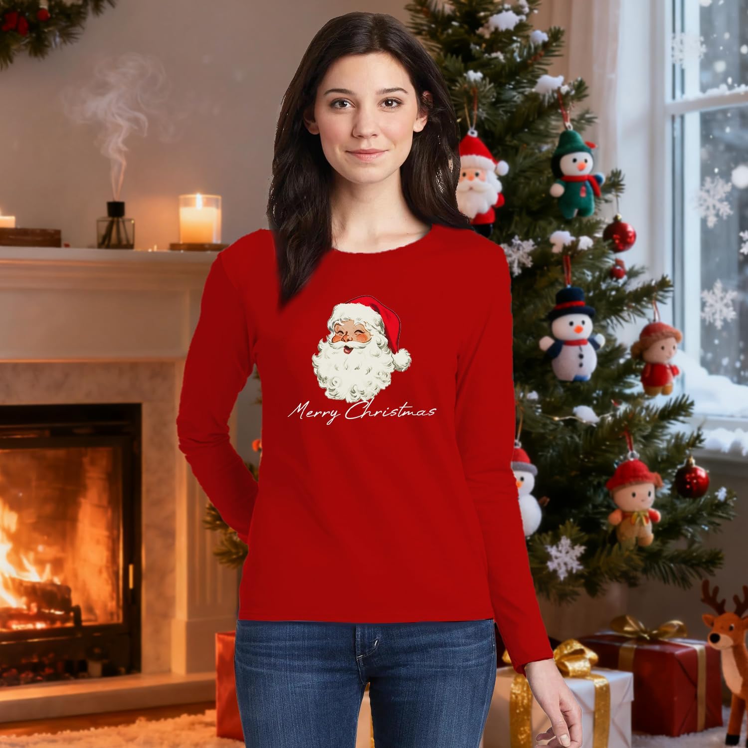 MAIHUN Christmas Santa Shirt for Women Merry Christmas Long Sleeve Snowflake Tshirts Xmas Holiday Tee Top - Image 3