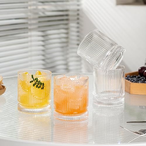 Miniatura 3 de Juego de 4 vasos de vidrio acanalado, vasos de vidrio vintage de 10.3 fl oz, vasos de cóctel, cristalería acanalada de bola baja, juego de